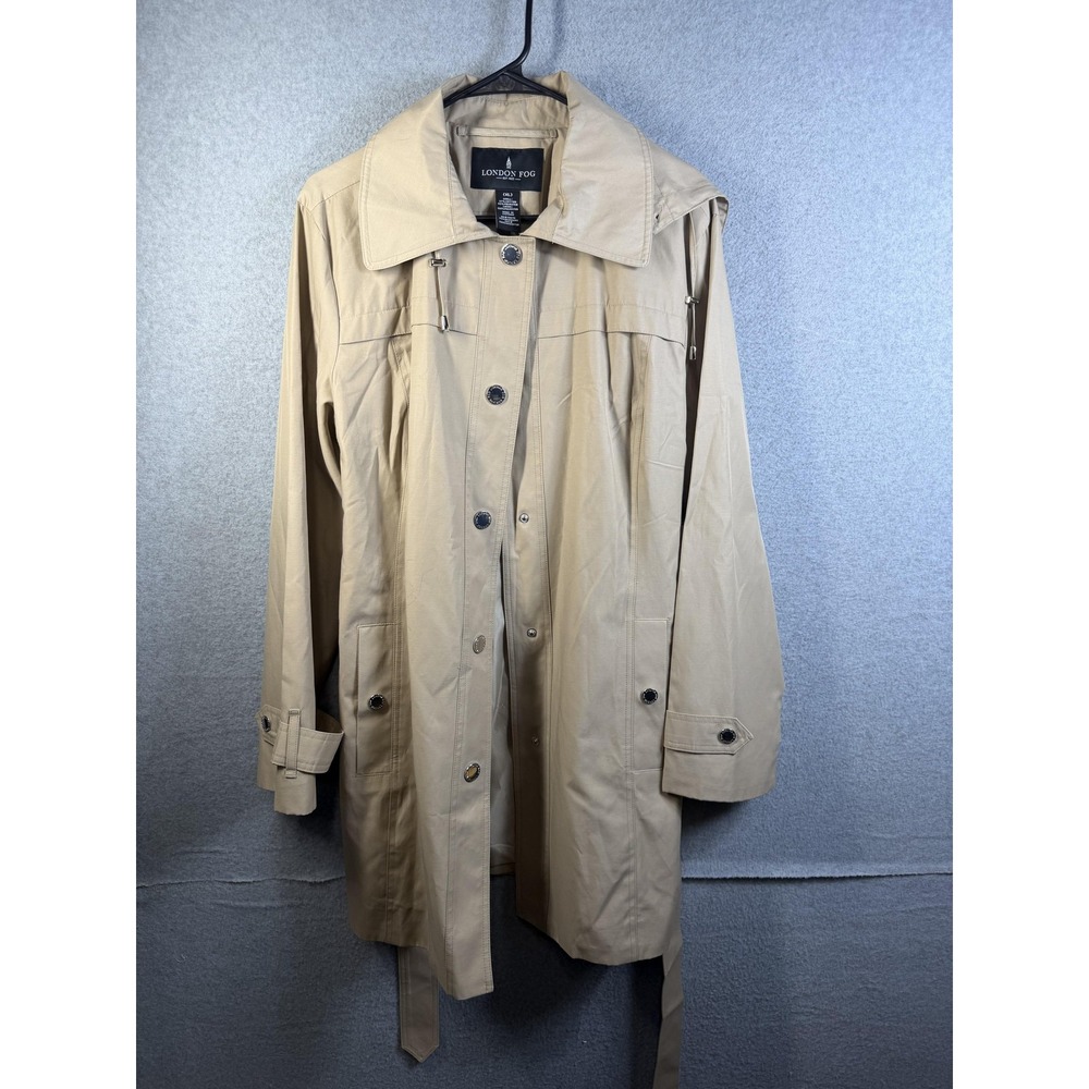 London Fog Rain Coat Womens XL Beige Hooded Belted Lined Mid Length Twill NWT